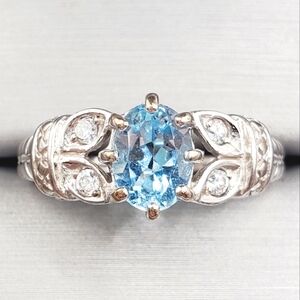 Genuine Oval Blue Topaz & Diamond Simulants 925 Sterling Silver Ring